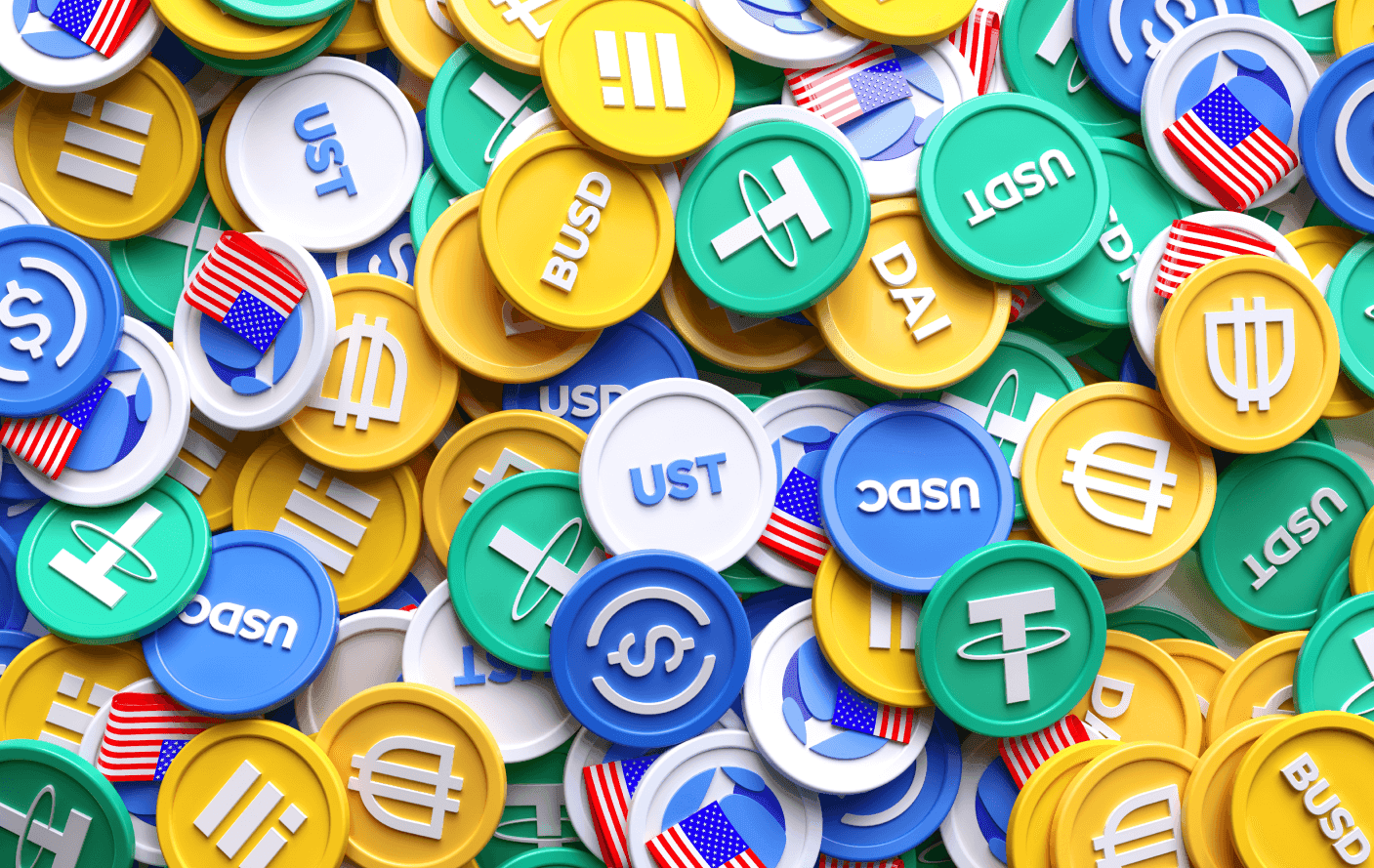 Imagem que mostra diversas moedas que correspondem às criptomoedas. É possível notar os símbolos de moedas como Tether, USD, UST, BUSD, DAI.