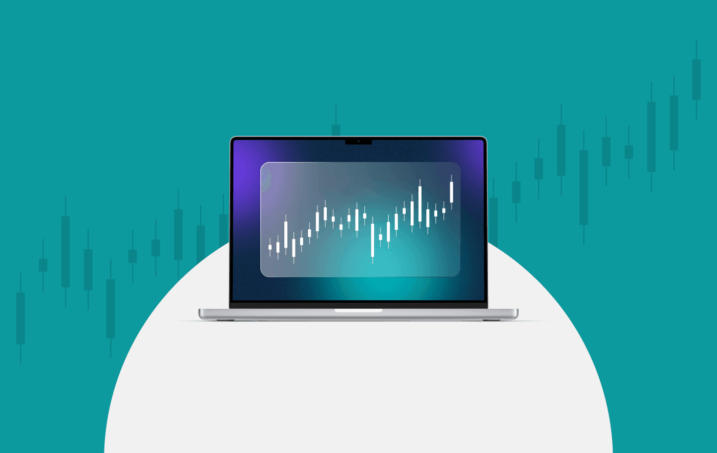 Notebook aberto com gráfico candle stick, no fundo da imagem há outro gráfico, o que indica o acompanhamento das ações da estratégia de position trade.